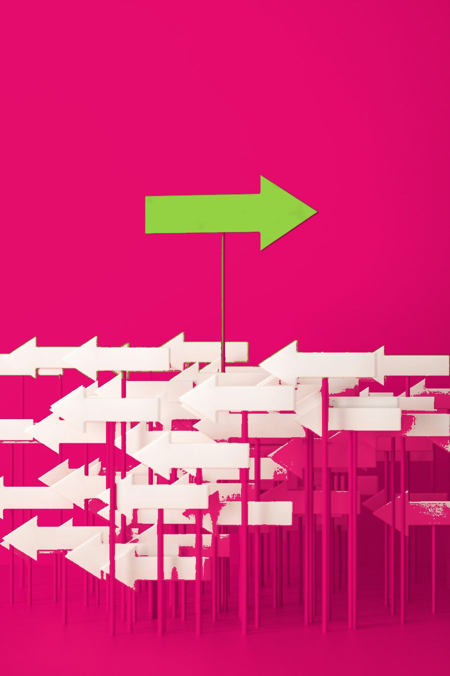 A sea of white arrows all pointing one way, with a single bold green arrow breaking off in the opposite direction