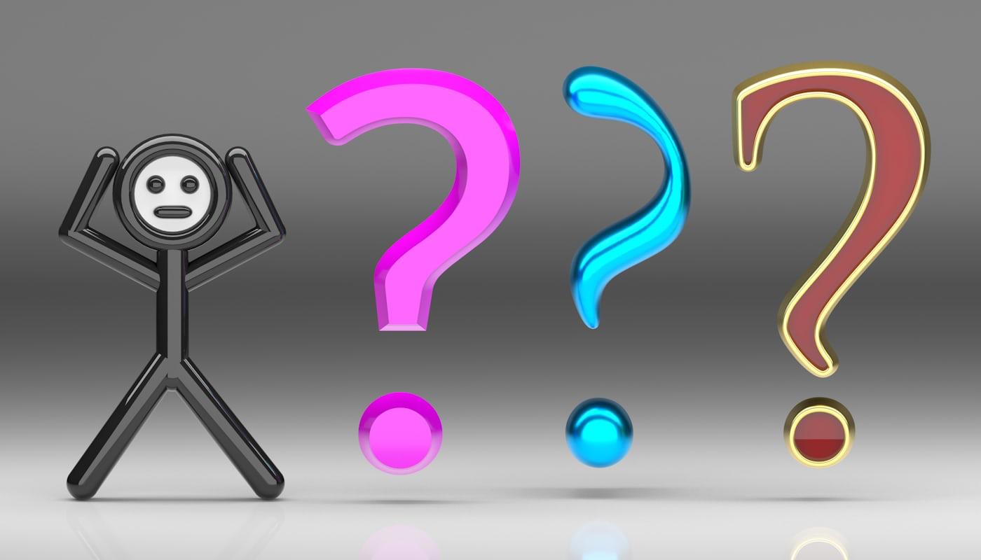 A stressed stick figure beside three colourful question marks